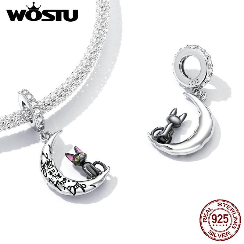

WOSTU Стерлингового Серебра 925 Луна и Черный Кот Шарм Циркон Бусина Подходит Оригинальный Браслет Для Женщин DIY Изготовление Винтажных Ювелирных Изделий 925 silver