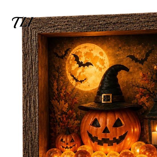 Tabletop Home Accent DIY Lighted Halloween Ghost Shadow Box Kit, Wooden Frame LED Warm Light, Gothic Crystal Glass Display Case Memory with