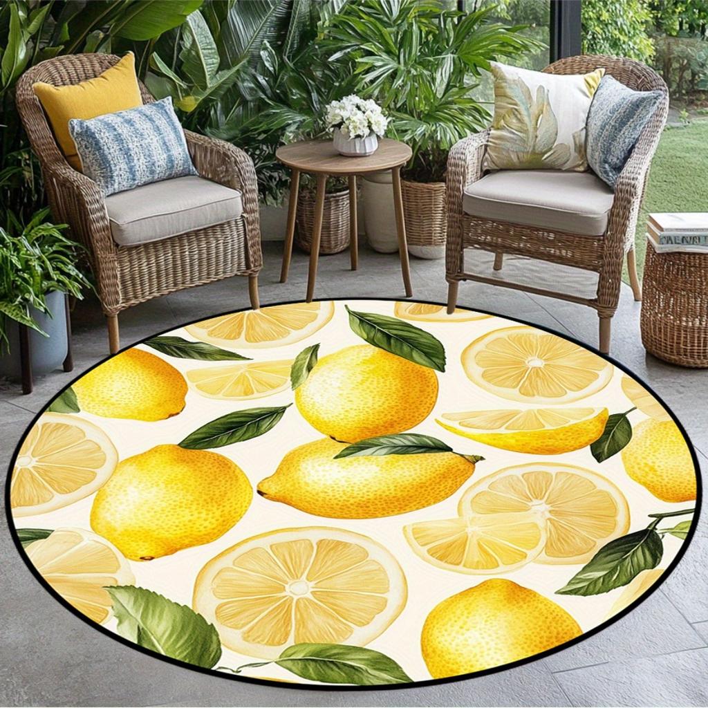Lemon Pattern Round Rug Yellow Fruit Non-Slip Floor Mat 2D Flat Washable Area Rug for Living Room Bedroom Spring Decor