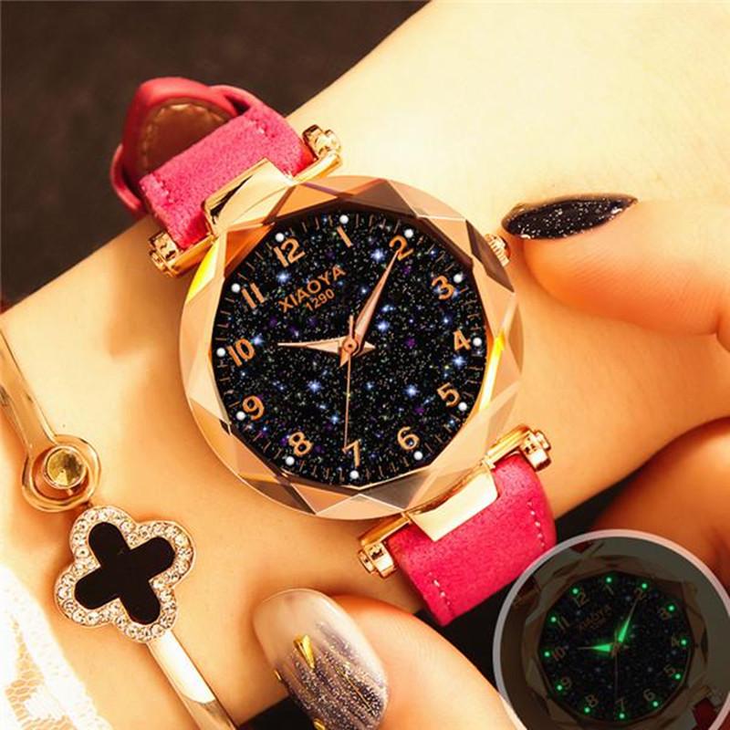 Women Luxury Watch Personality Romantic Luminous Starry Sky Wristwatch Leather Rhinestone Watch