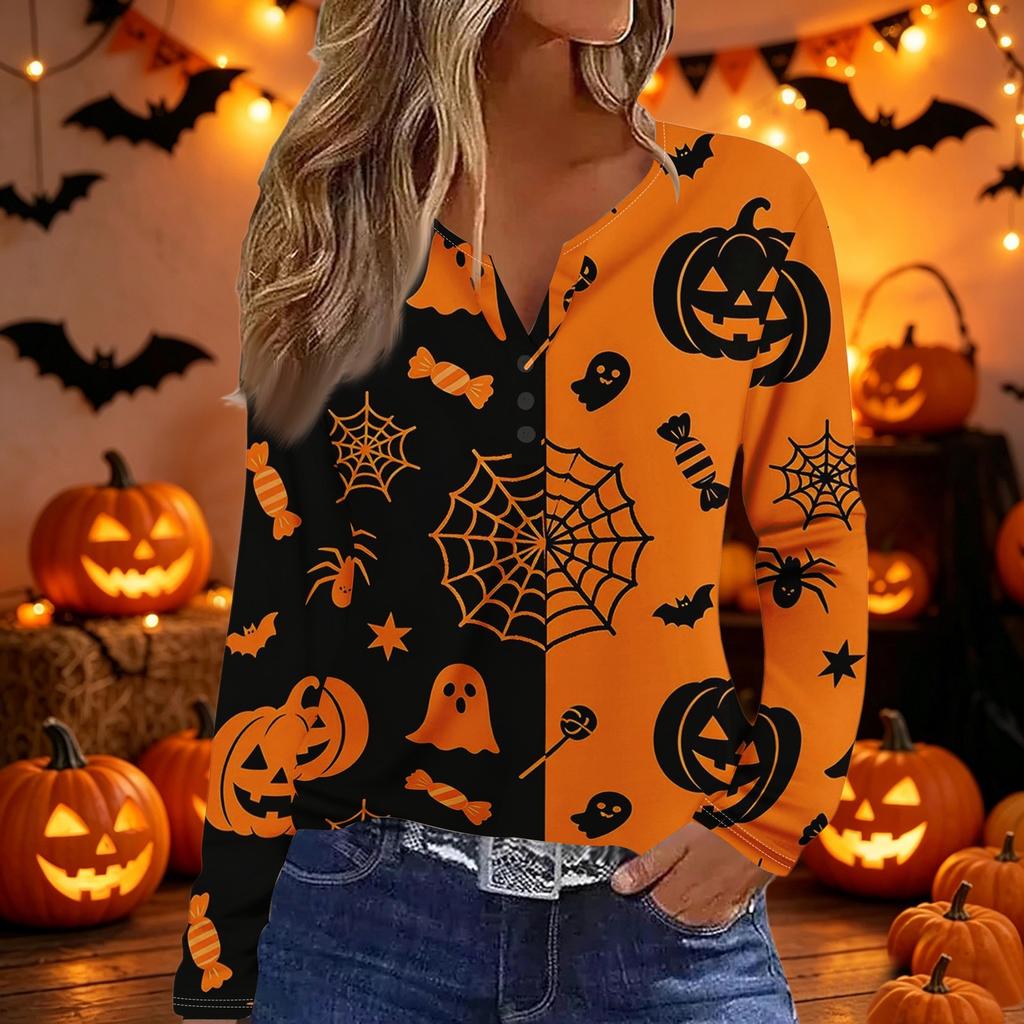 Women V Neck Button Long Sleeve Top with Halloween and Letter Print Casual Loose Fit Shirt for Autumn