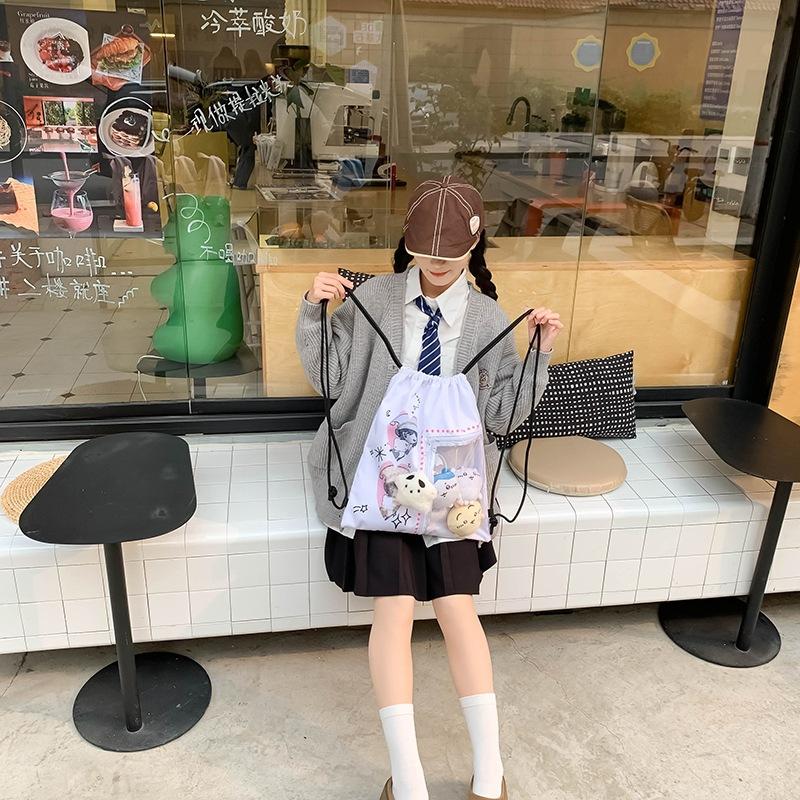 Ancient cute angel bear drawstring bag cute pain bag double shoulder canvas bag versatile large capacity niche backpack