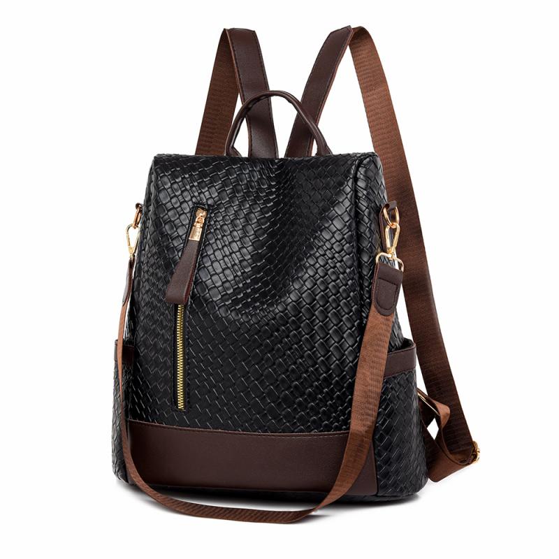Мягкий кожаный тканый рюкзак Женский противоугонный рюкзак большой вместимости коричневый — фото 10
