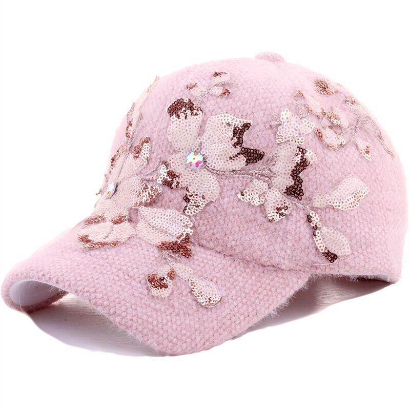Women'S Winter Warm Fashion Duckbill Cap, Polyester Plush Baseball Hat, with Floral Rhinestone Embellishment, Non-Washable, Inelastic, Featherless