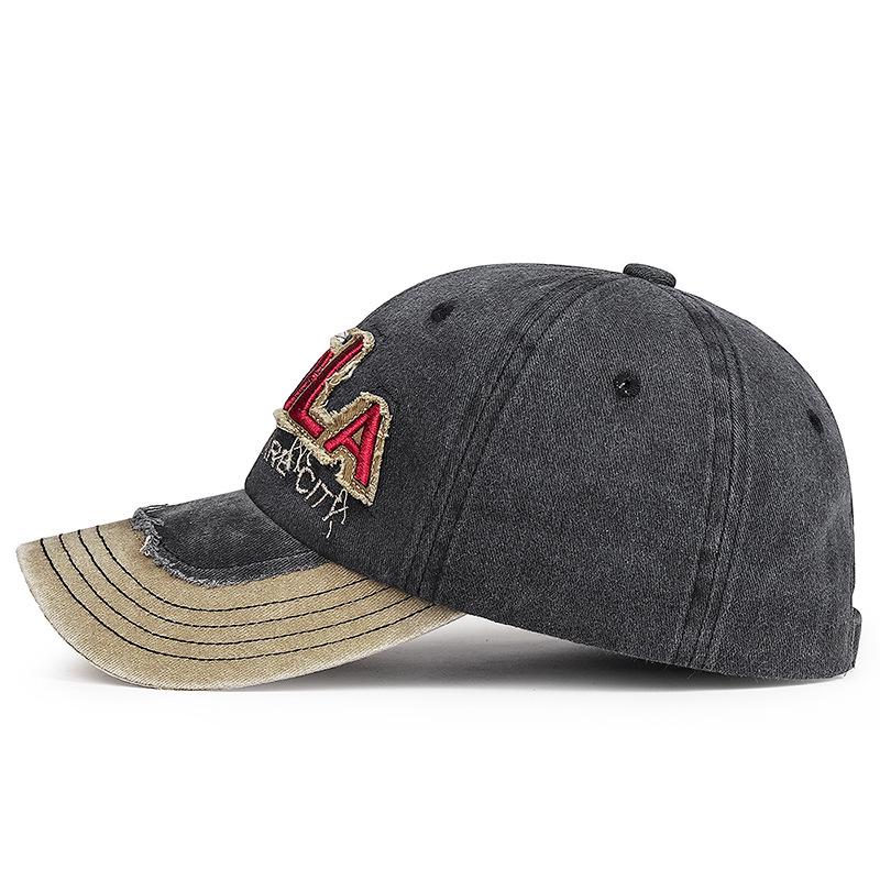 Zhen Yue Qi Cotton Baseball Cap with Distressed Patchwork and American Lettering Embroidery.