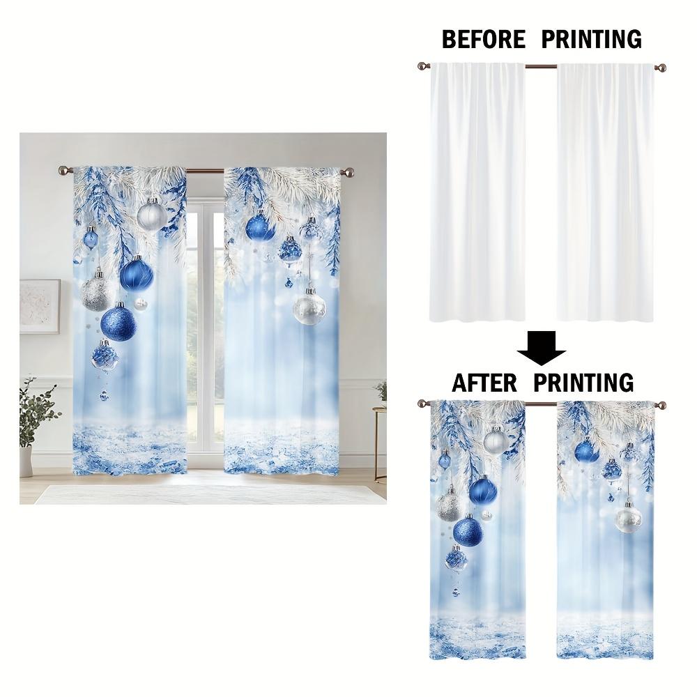 2 Pcs Elegant Blue & White Christmas Ball Sheer Curtains – Light Filtering for Living Room Bedroom Office Kitchen