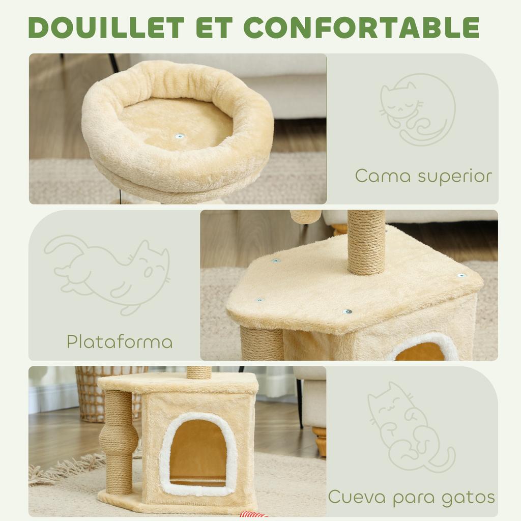 Cat Tree 66 cm Height Cat Tower with Bed Cave Platform Hanging Ball and Jute Post Beige