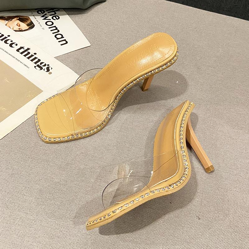 Women Summer New One Word Transparent Female Head High Heels Water Diamond Dew Toes Thin Heels External Slippers Zapatos Mujer