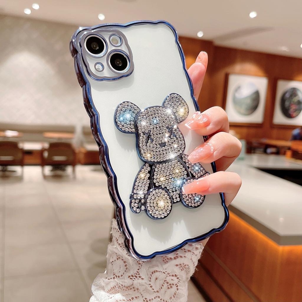 Aplicable a la funda para teléfono móvil IPhone16Pro Borde ondulado Electrochapado Apple 15 Oso violento con diamantes 14 Funda de protección de cobertura total