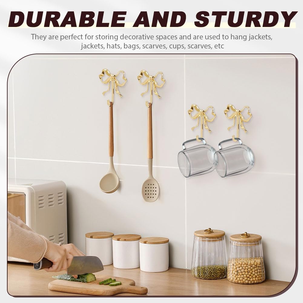 Gold Bow Wall Hook, 2Pcs Large Size Coat Hook, Metal Hook Bow Hooks for Coats, Hats, Bags, Bath Towels and Room Decorations, for Wedding Bathroom