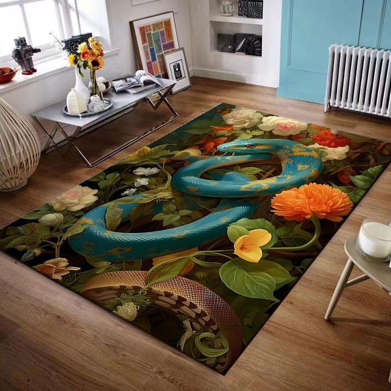 Flannel Rug Teal Blue Snake Coiled Among Flowers Classical Botanical Art Decor for Living Room Bedroom Gift for Women