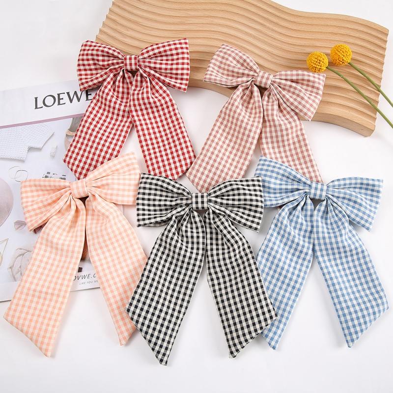 Tartan Printed Bowknot Hair Clips Girls Bow Hairgrips Lace Trim Hair Accessories Headwear