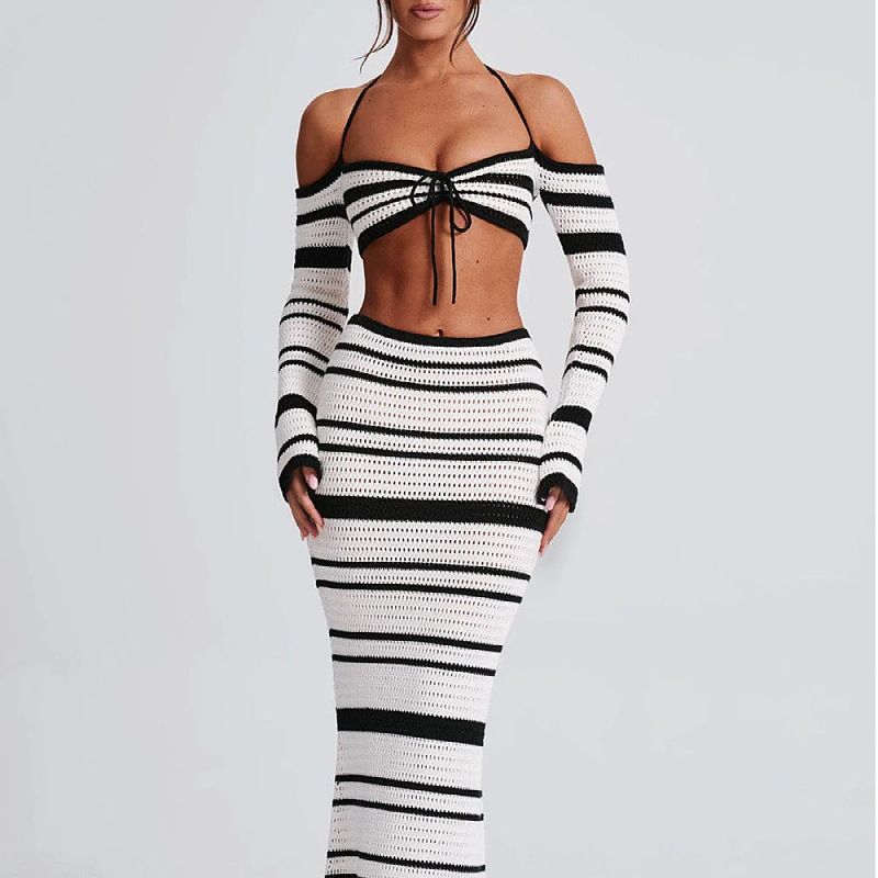 Long Sleeve Neck Hanging Dress Set Long Sleeves Halter Top Bodycon Dress Suit