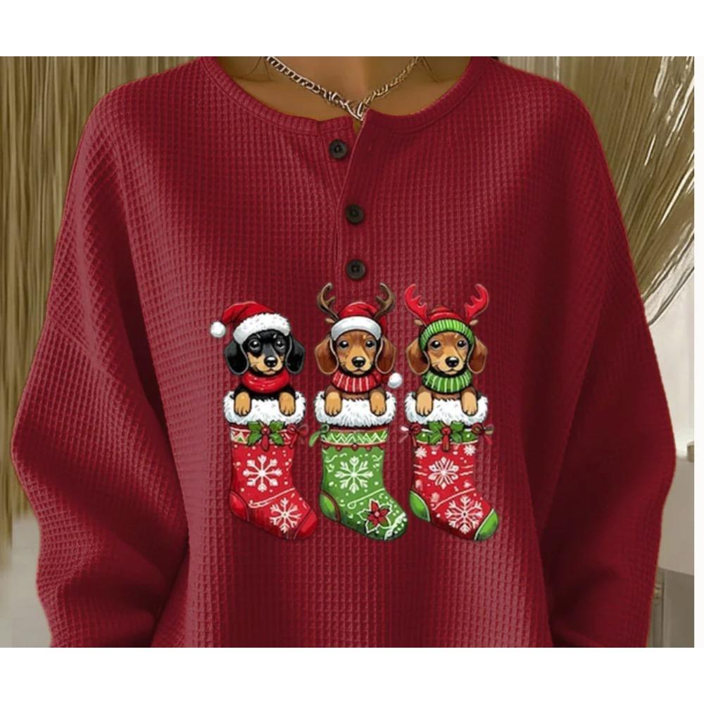 Women's Crew Neck Three‑Button Placket Color‑Block Striped Waffle Knit Loose Long Sleeve Top