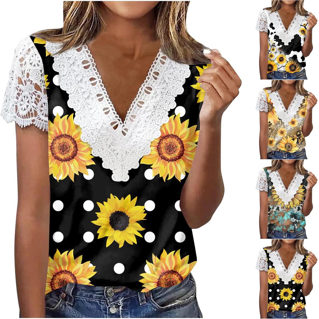 V Neck Lace Short Sleeve Print Ladies Top Summer Fashion Casual V Neck Print Short Sleeve Lace Sleeve T-Shirt Top