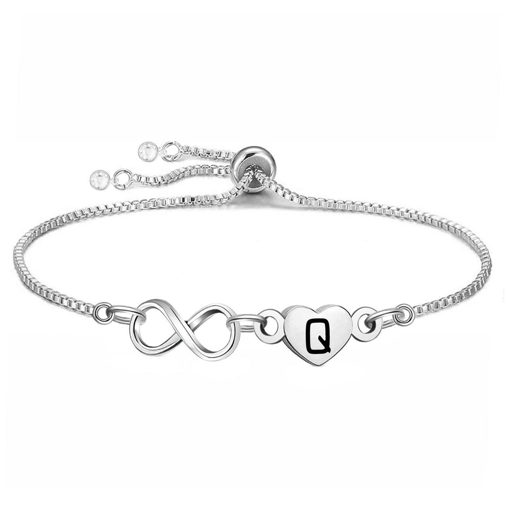 Stainless Steel Infinity Heart Initial Letter Bracelet Adjustable Slider Box Chain Bracelet for Women