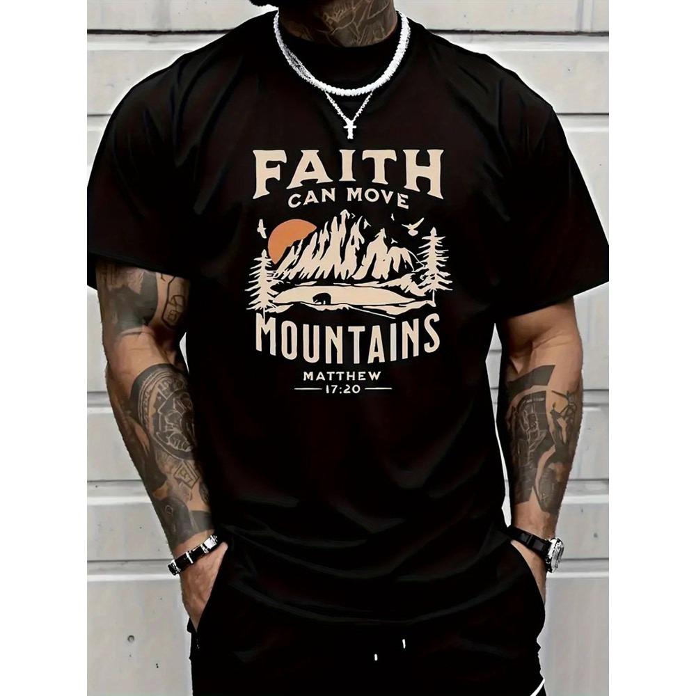 Men T Shirt Cotton Faith Can Move Mountains Monogram Printed T Shirt Seasonal Casual Trendy Crew Neck High Street Cotton