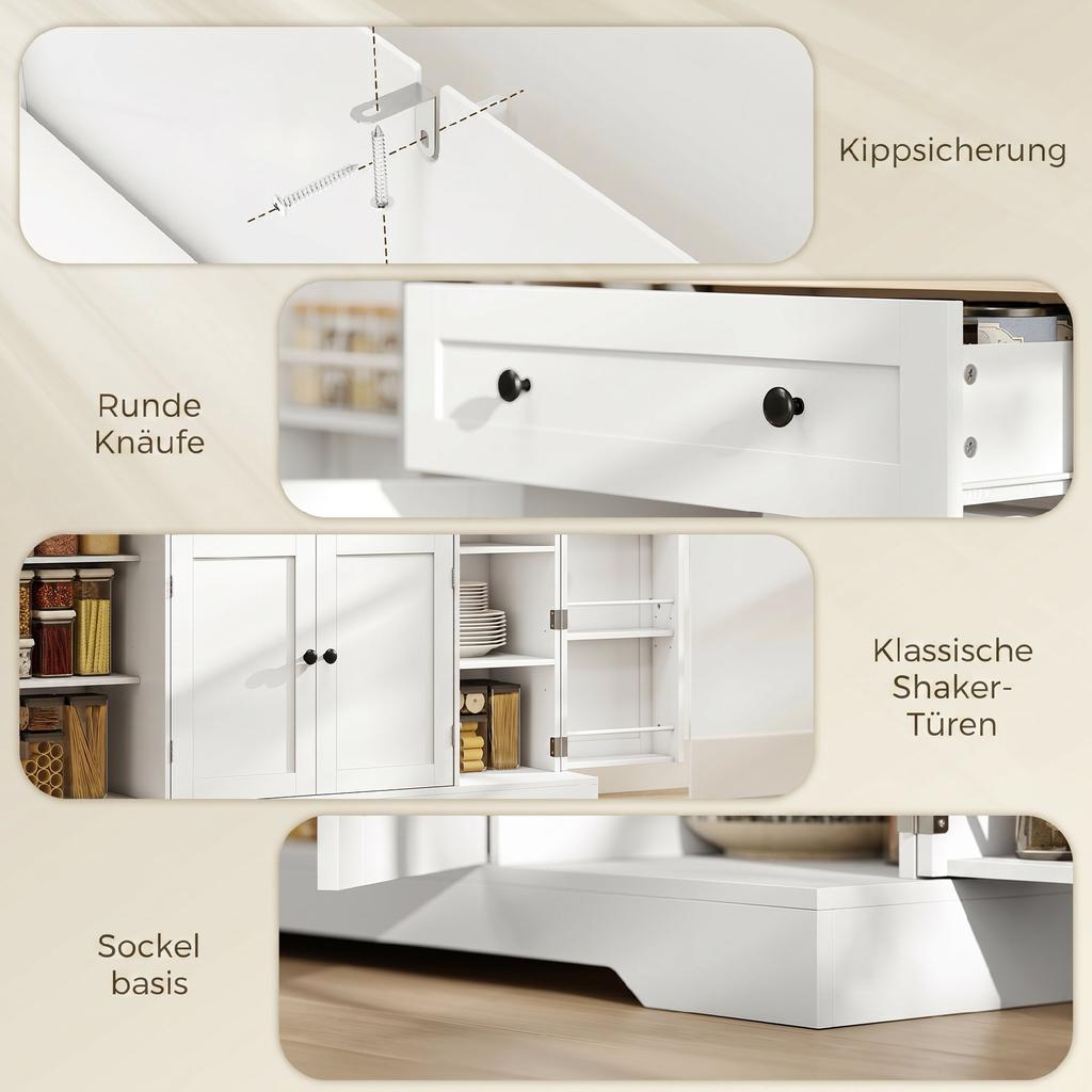 Sideboard Kitchen Cabinet with 4 Doors, Drawer, Adjustable Shelf, Door Shelves for Kitchen, Dining Room, 138x40x85cm, White