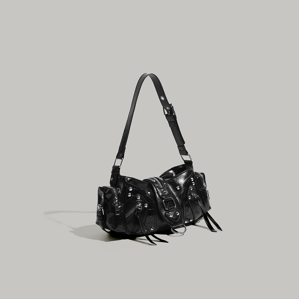 Cross-border 2025 New Rivet Handbag, Niche Design, Trendy Oil Wax Leather Shoulder Bag for Commuting, Crossbody Biker Bag