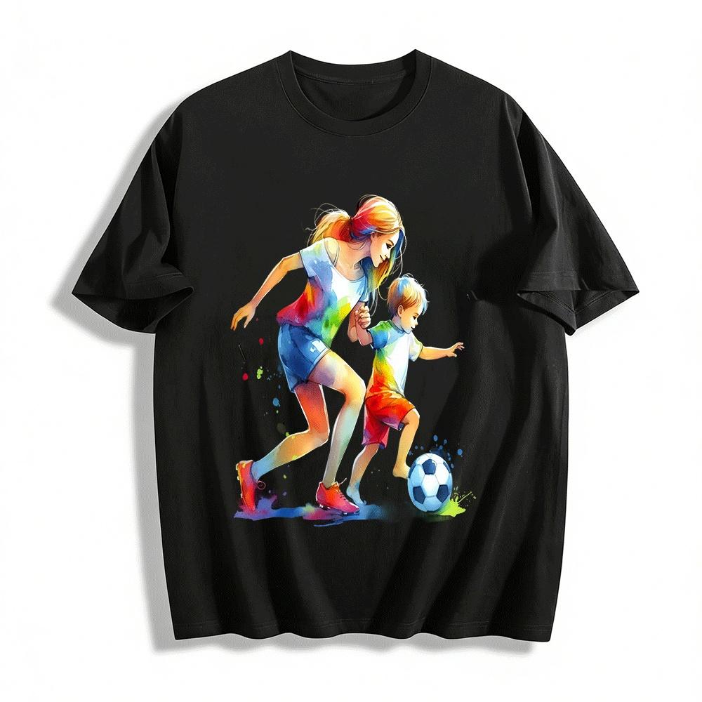 Parent-Child Soccer Time Watercolor Print Casual T-Shirts For Family Pure cotton T-shirt XXS