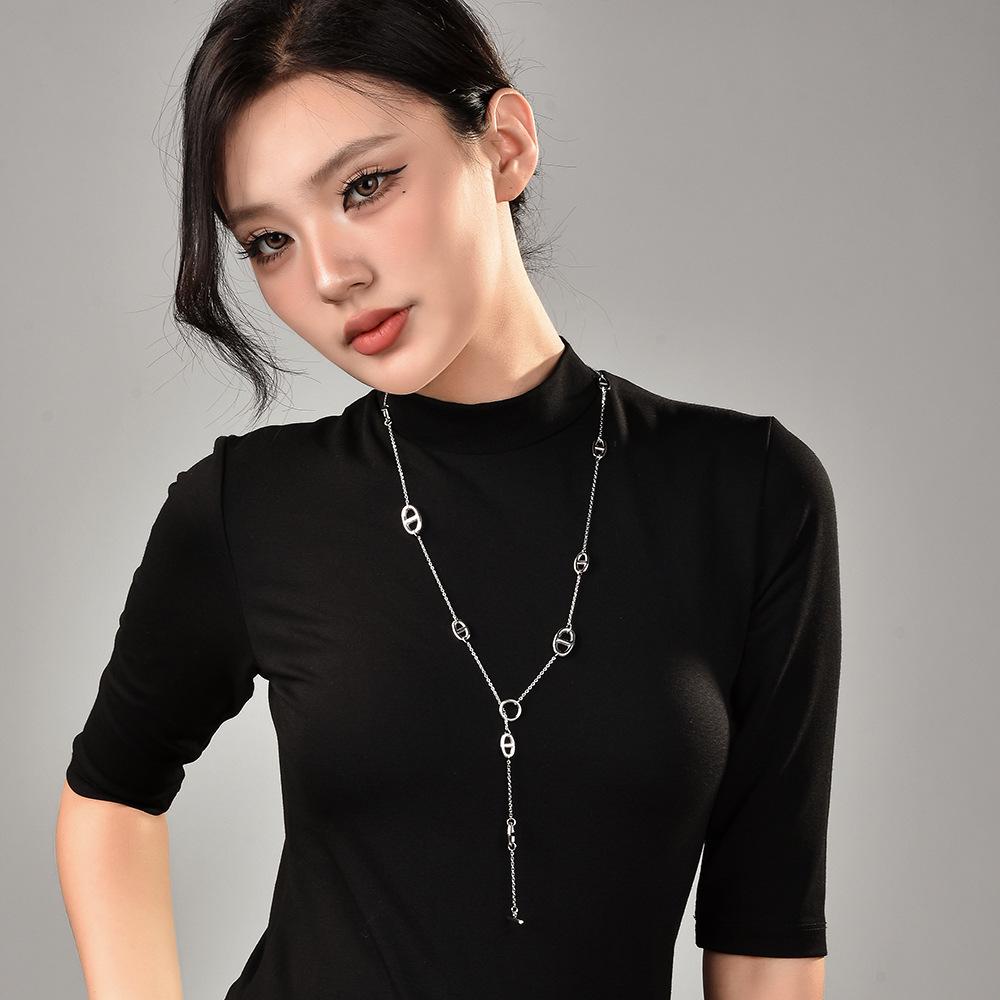 Pig Nose Double Layer Stackable Necklace with OT Clasp - Trendy, Versatile, Metal Texture Ultra-Long Sweater Chain