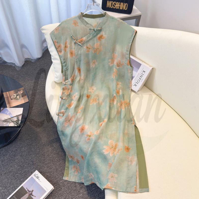 Artistic Summer Frog Button Chinese Style Mid-Length Dress with Side Split Large зелёный