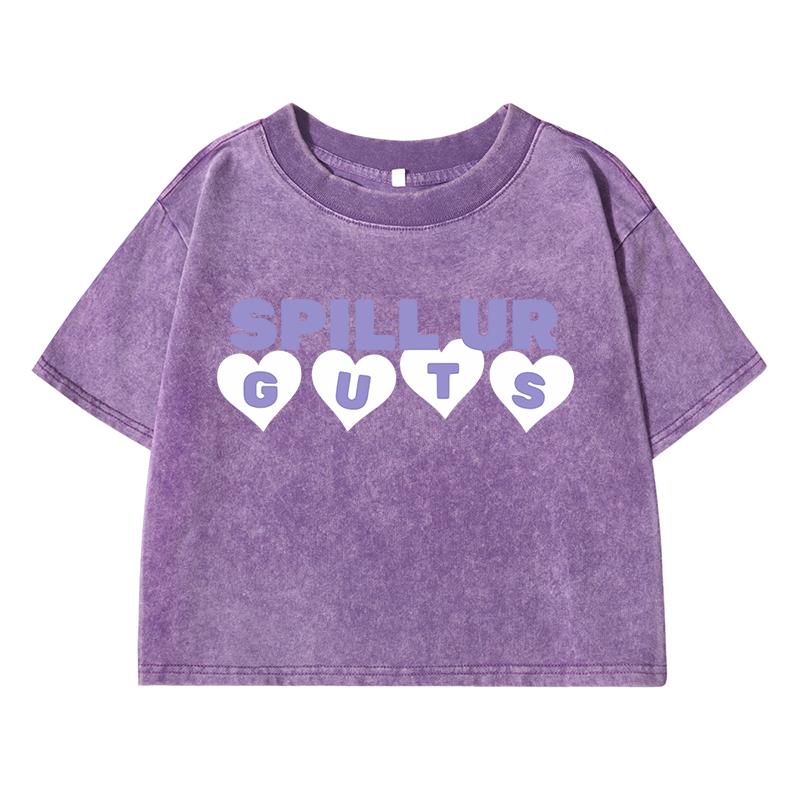 Spill Up Guts Letterprinting Women Washed Short Clothing Cool T-Shirt Street Fashion Tops Midriff-Baring O-Neck Tshirt