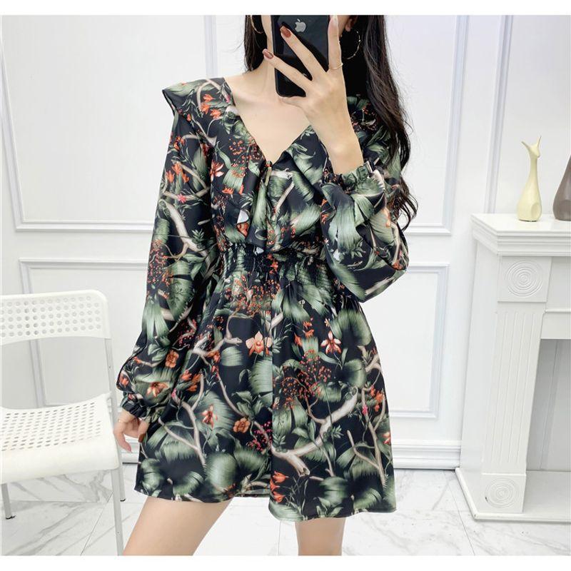 

Женская одежда Ретро Элегантное платье с V-образным вырезом Эластичное Приталенное Printed S