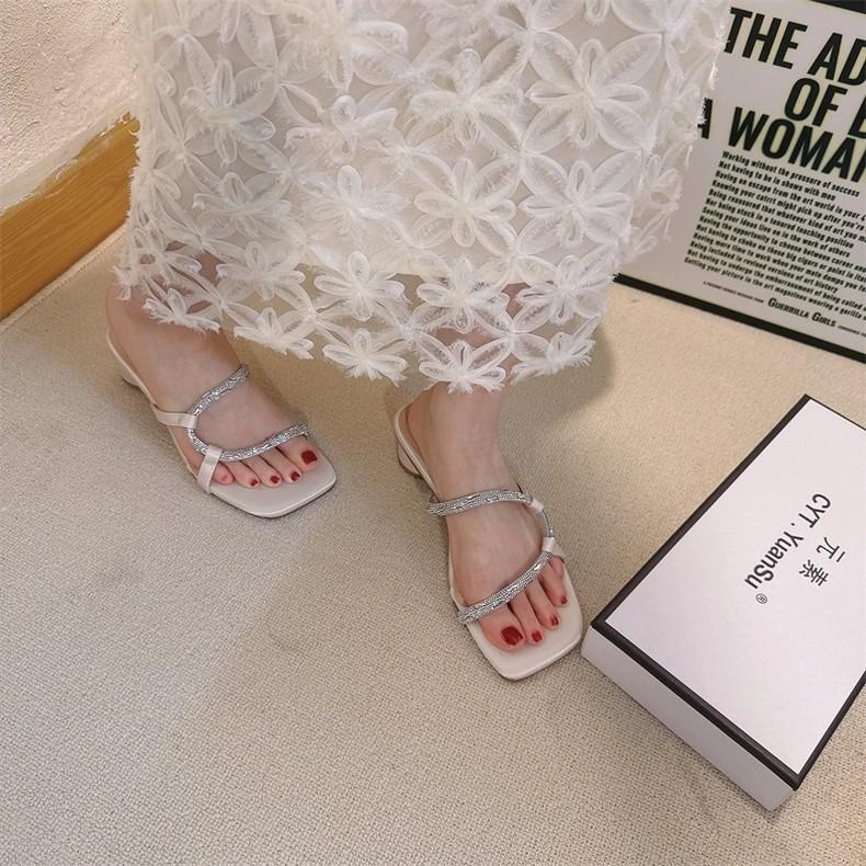 Coarse Heel Silver French Small Cool Slippers Women's Shoes Wear 2025 New Summer Fairy with Skirt Rhinestone Slippers