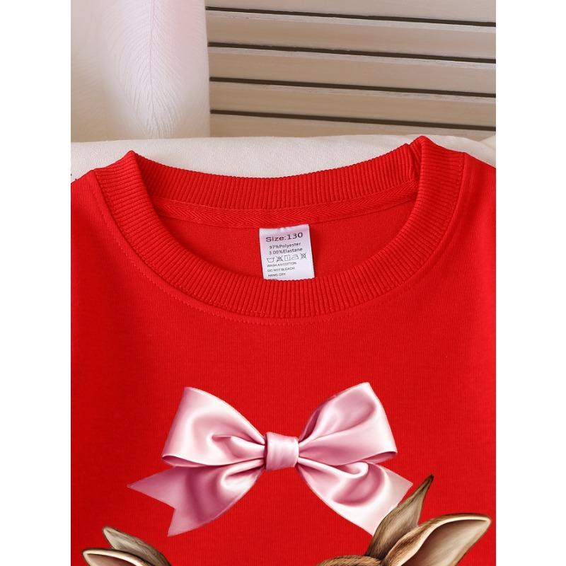 European sizes Girls Crew Neck Sweatshirt Love Rabbits with Rose And Bow, Soft Cozy Pullover, Warm Casual for Autumn & Winter.