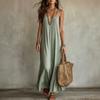 Women Sleeveless Spaghetti Strap V Neck Solid Color Maxi Dress Casual Loose Fit Summer Beach Dress Orange
