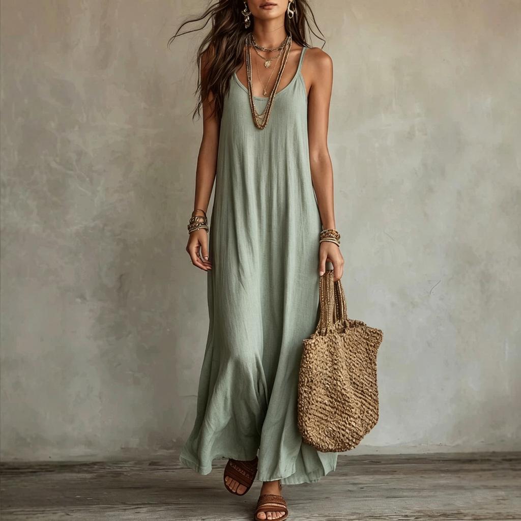 Women Sleeveless Spaghetti Strap V Neck Solid Color Maxi Dress Casual Loose Fit Summer Beach Dress Orange