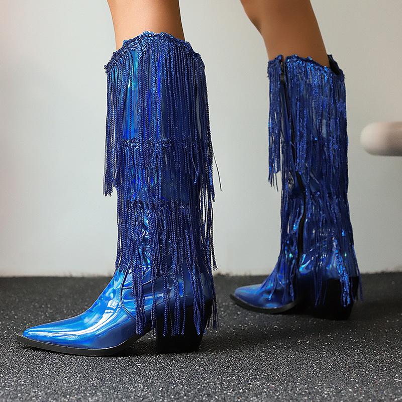 Fashion IPPEUM Fringe Cowboy Boots For Women  Mid Calf Pu Leather Size 46 Winter Knee High Western Silver Cowgirl Shoes