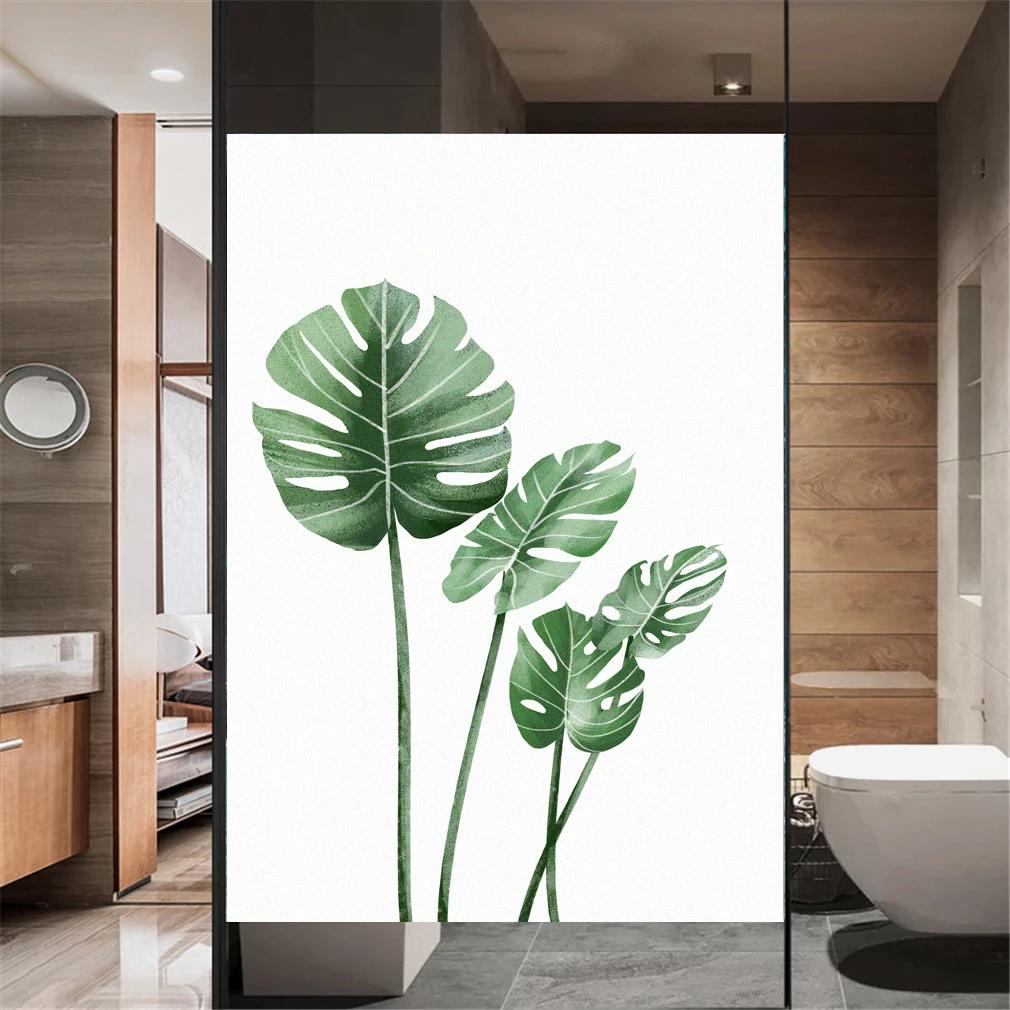 Window Film Privacy Green Leaves Frosted Glass Sticker Heat Insulation and Anti UV Blocking Self Adhesive sticker for Home