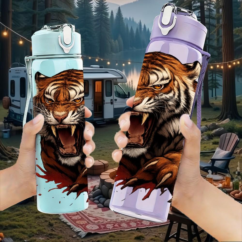 1PC Fierce Tiger Wild Animal Pattern 750ml Color Plastic Sports Water Bottle Leakproof Flip Straw Lid Suitable for Sports Office Home Use