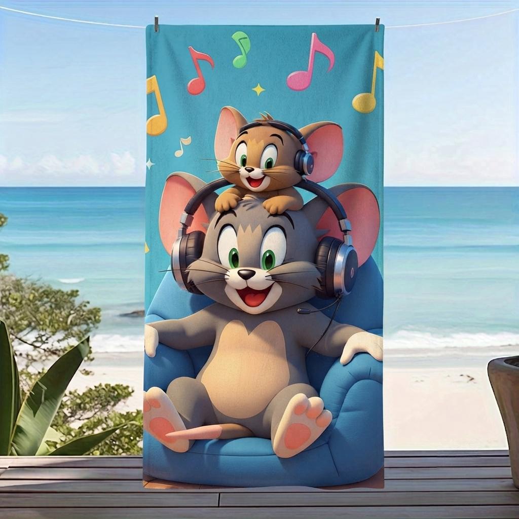 T-Tom a-and J-Jerry Microfiber Beach Towel Headphones Quick Dry Sand Free Kids Anime Lovers Pool Bath Travel Gift
