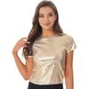 Dámské metalické párty tričko s lesklým krátkým rukávem, kulatým výstřihem a reflexním topem pro taneční večírky a festivaly