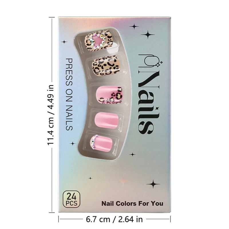 24 Pcs False Nail with Rhinestones Valentines Day Press On Nail Leopard Heart Acrylic Nail Full Cover Stick On Nail