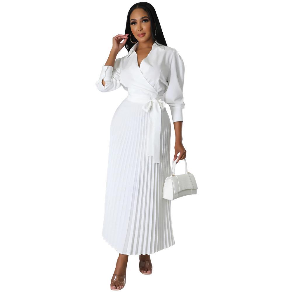 Cross-Border Europe Spring Long Sleeve Polo Collar High Waist Pleated Women's Casual Dress