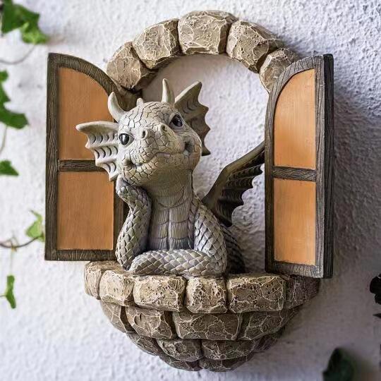 Dragon Garden Decoration Resin Statue Fairy Gate Courtyard Art Outdoor and Garden Door Opening Dragon Wall Carving Decoration (Door Opening)
