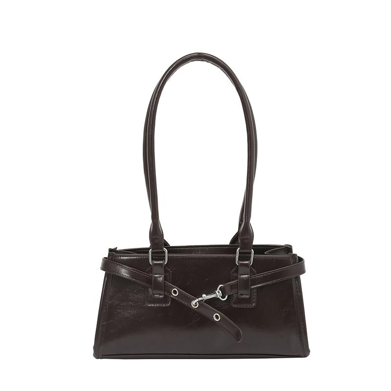 PU Leather Retro Shoulder Bag Large Capacity Boston Pillow Handbag with Metal Belt Buckle Leisure Armpit Bag Commute Handbag