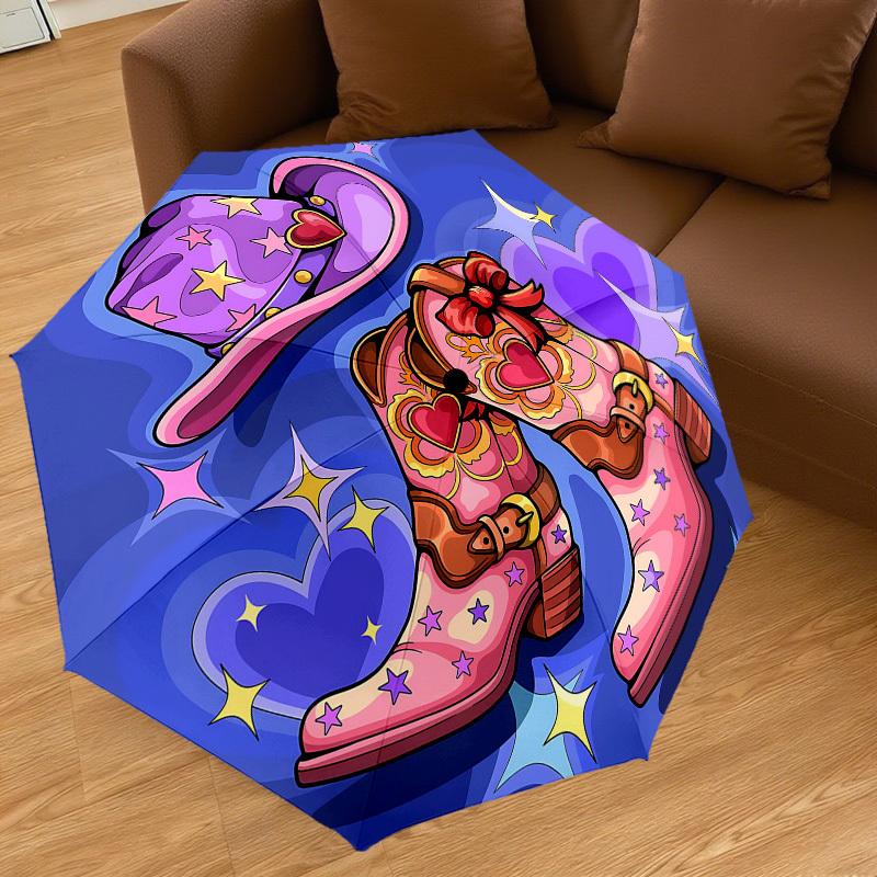 1pc Cowboy Boots Starry Hat Automatic Open/Close Umbrella with Windproof, 8-Rib Sturdy Canopy, Durable Ribs, Fashionable Design1149A
