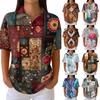 Women's Casual Short Sleeve Waffle Knit Polo Shirt Retro Floral Print Button Down Top Lightweight Breathable Summer Blouse