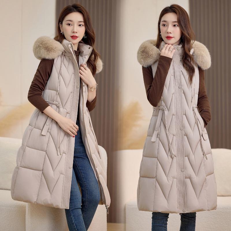 Medium and long over-knee cotton vest jacket for women's autumn and winter hooded fashion casual warm vest waist vest