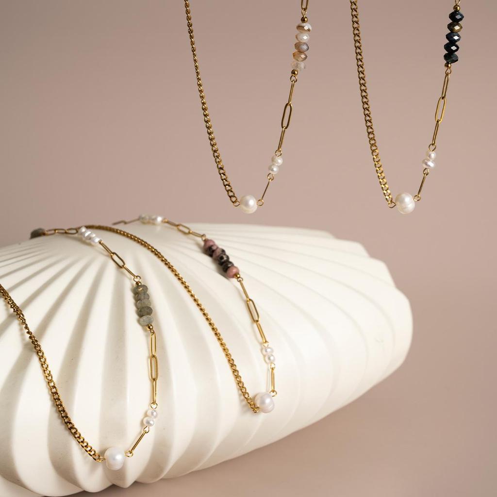 European-American Fashion Natural Stone & Freshwater Pearl Gold-Plated Stainless Steel Necklace