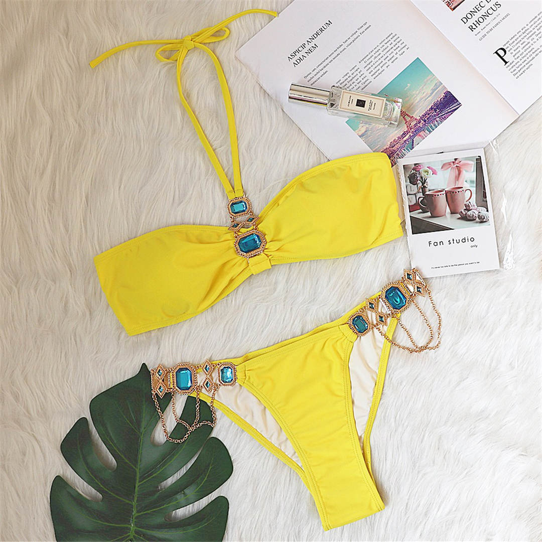 

модний 6-кольоровий бікіні зі стразами та діамантами. Жіночі купальники. Жіночий купальник. Комплект бікіні з двох частин. Купальний костюм для купальщиць. L жовтий