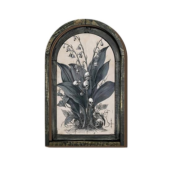 Dark Floral Halloween Art Arched Wooden Wall Decor, Ghost Cat Double-Layer Hanging Ornament, Distressed Gothic Medieval Window Style Decor Tabletop