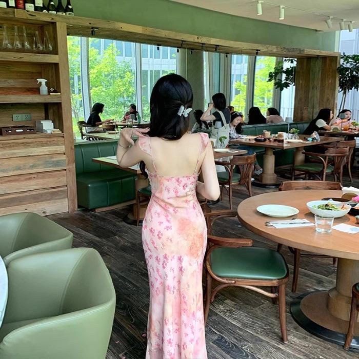 Suspender dress women s summer new waist lace French pink floral skirt S