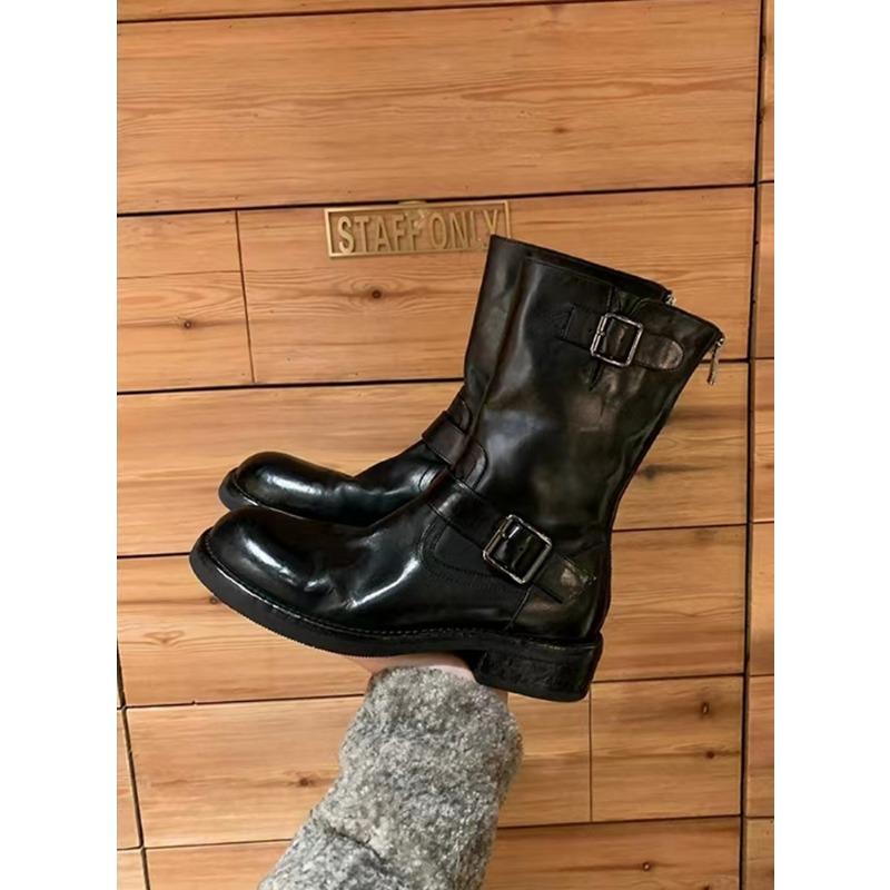 Cowhide Maillard Boots Vintage Leather Medium Skinny Boots Women's Belt Buckle Short Boots Platform Martin Boots
