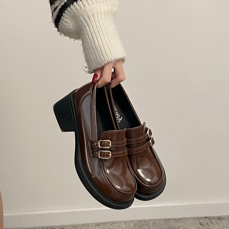

2026 New Spring British Style Women Loafers Shoes Fashion Shallow Slip On Shoes Elegant Thick Heel Leather Single Shoes 35 коричневий